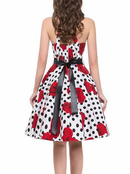 Women's Retro 1950s Vintage Tea Dresses Midi Dress Party Holiday Backless Print Floral Halter Sleeveless Regular Fit Summer Spring 2023 Black White S M L XL