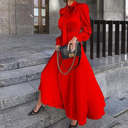 Women‘s Party Dress Wedding Guest Dress Satin Dress Swing Dress Long Dress Maxi Dress Black Yellow Red Long Sleeve Pure Color Lace up Fall Autumn Stand Collar Modern Winter Dress 2023 S M L XL XXL