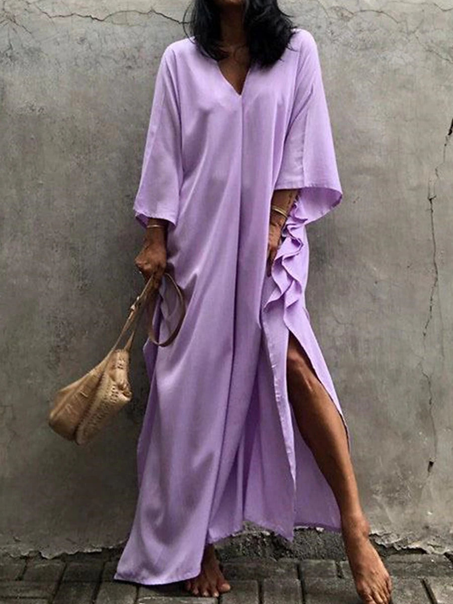 Women's White Dress Cover Up Beach Wear Maxi long Dress Split Basic Casual Plain V Neck 3/4 Length Sleeve Loose Fit Outdoor Daily White Yellow 2023 Summer Spring One Size