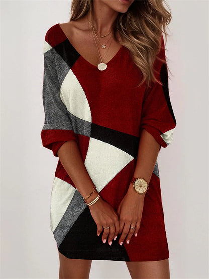 Women's Sweatshirt Dress Casual Dress Mini Dress Warm Active Outdoor Going out Weekend V Neck Print Geometric Color Block Loose Fit Burgundy Blue Purple S M L XL XXL