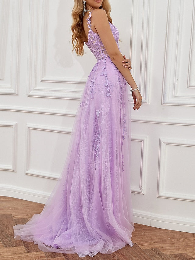 A-Line Prom Dresses See Through Dress Formal Sweep / Brush Train Sleeveless Sweetheart Tulle Backless with Beading Slit Appliques 2023 - LuckyFash™