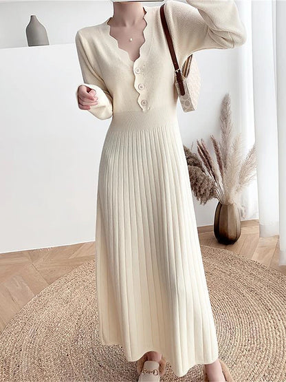 Women's Sweater Dress Knit Dress Jumper Dress Long Dress Maxi Dress Knitwear Fashion Daily Plain Outdoor Casual Holiday Vacation V Neck Long Sleeve Ruched Button 2023 Loose Fit Black White khaki One