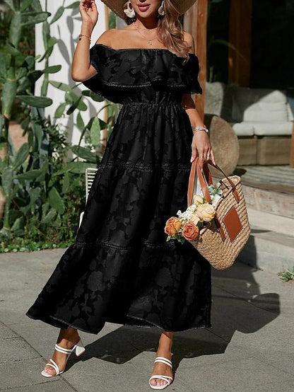 Women's White Dress Long Dress Maxi Dress Chiffon Lace Ruffle Date Vacation Streetwear A Line Off Shoulder Short Sleeve Black White Pink Color