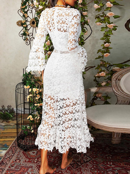 Women's Wedding Guest Dress Party Dress Lace Dress Long Dress Maxi Dress White Yellow Pink Long Sleeve Pure Color Lace Summer Spring Fall Deep V Fashion Winter Dress Birthday Wedding Guest 2022 S M L - LuckyFash™