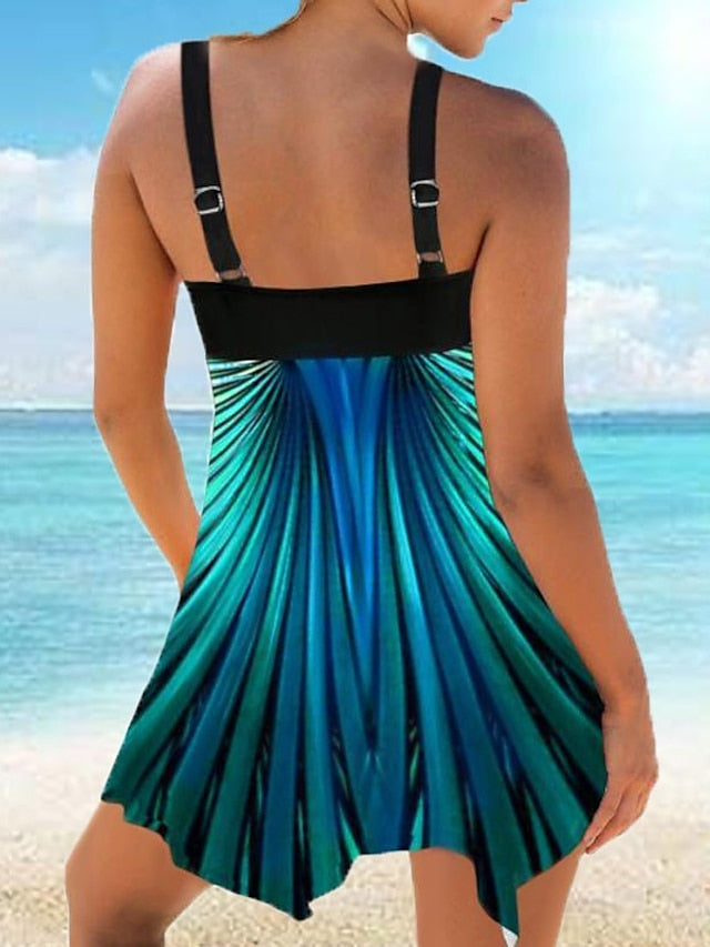 Women's Swimwear Swim Dress 2 Piece Plus Size Swimsuit 2 Piece Modest Swimwear Open Back Printing Stripes / Ripples Burgundy Navy Blue Blue Green Camisole Strap Bathing Suits New Vacation Fashion - LuckyFash™