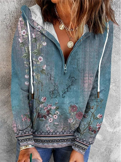 Women's Zip Up Hoodie Sweatshirt Hoodie Sweatshirt Pullover Floral Street Casual Quarter Zip White Red Blue Vintage Basic Hoodie Long Sleeve Top Micro-elastic Fall & Winter