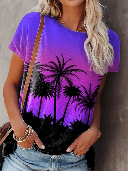 Women's T shirt Tee Plants Casual Holiday Going out Print Purple Short Sleeve Hawaiian Basic Holiday Round Neck