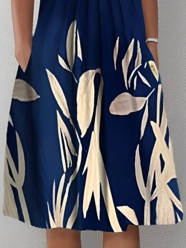 Women's Casual Dress Shift Dress Midi Dress Navy Blue Short Sleeve Floral Ruched Spring Summer Crew Neck Basic Daily Vacation Weekend 2023 S M L XL XXL 3XL - LuckyFash™