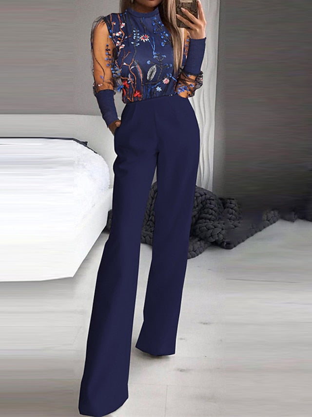 Women's Jumpsuit Mesh Embroidered Floral Stand Collar Elegant Party Street Regular Fit Long Sleeve Blue S M L Spring - LuckyFash™