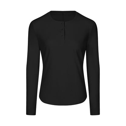 Women's Running T-Shirt Henley Shirt Solid Color Yoga Fitness Button Ribbed Black White Pink Crew Neck Long Sleeve High Elasticity Spring &  Fall