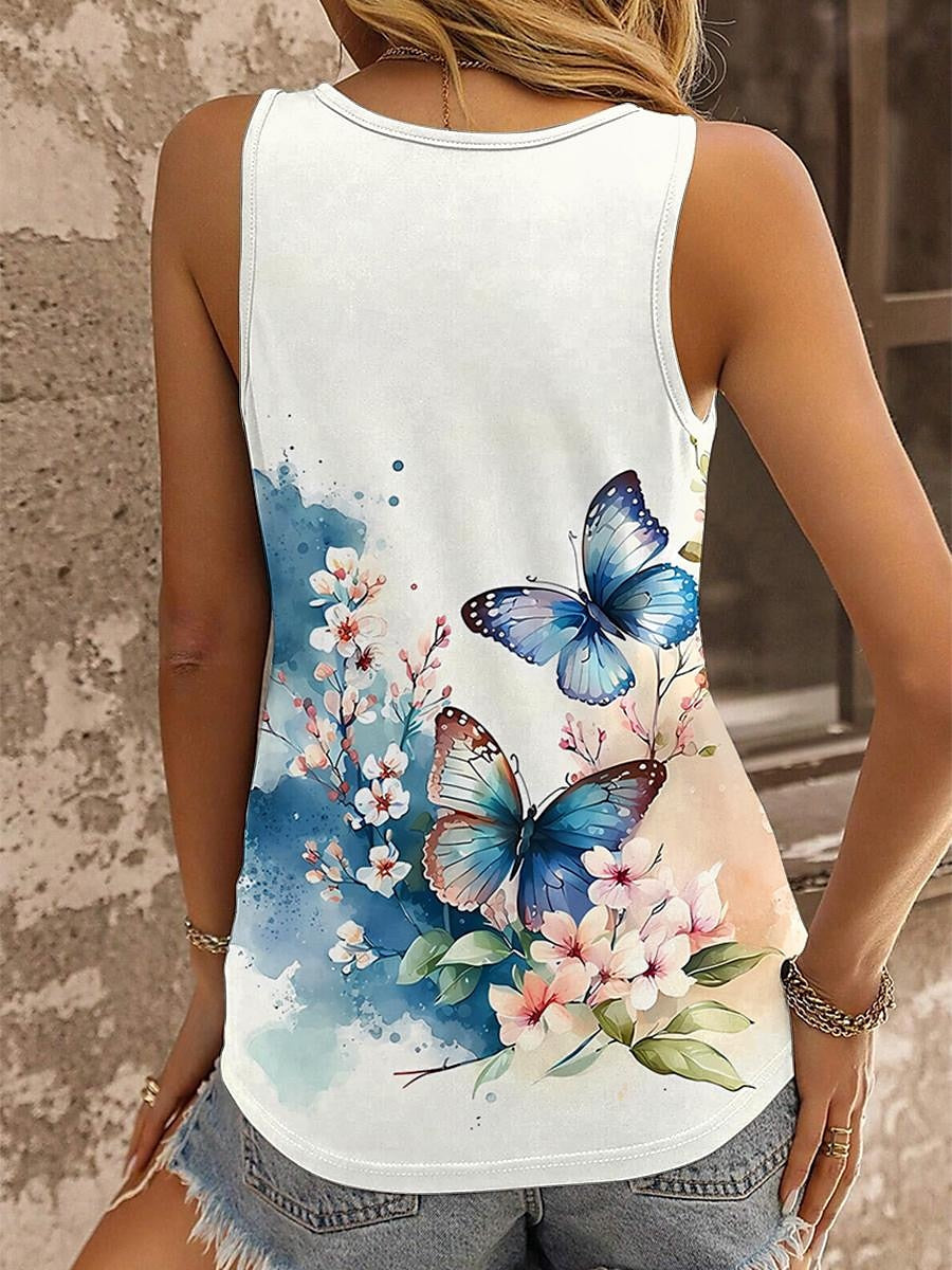 Women's Tank Top Butterfly Daily Print White Sleeveless Vintage Fashion V Neck Summer