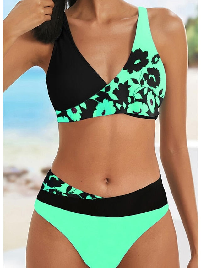 Women's Swimwear Bikini 2 Piece Normal Swimsuit High Waisted Color Block Floral Print Green Blue Yellow Rosy Pink Royal Blue Padded V Wire Bathing Suits Sports Vacation Sexy / New - LuckyFash™