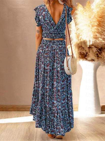 Women's Two Piece Dress Set Casual Dress Skirt Set Floral Dress Holiday Vacation Bohemia Vintage Ruffle Print Long Dress Maxi Dress V Neck Sleeveless Floral Regular Fit Blue Green Rainbow Summer S M