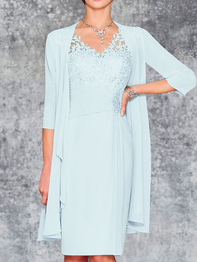 Two Piece Sheath / Column Mother of the Bride Dress Wedding Guest Church Elegant V Neck Knee Length Chiffon 3/4 Length Sleeve with Embroidery 2023 - LuckyFash™