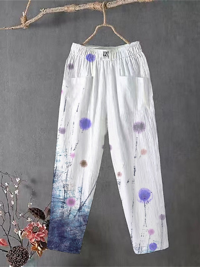 Women's Slacks Linen Flower Light Pink White / White Comfort Medium Waist Ankle-Length Outdoor Daily All Seasons