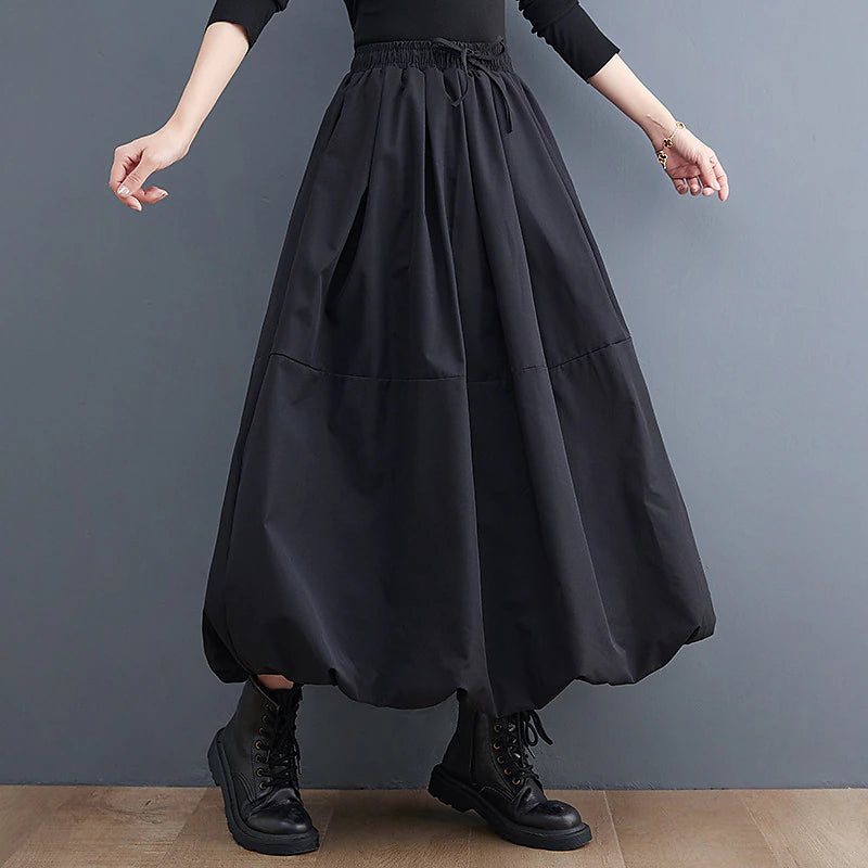 Women's Swing Long Skirt Maxi Skirts Pocket Drawstring Solid Colored Office / Career Daily Spring &  Fall Polyester Fashion Streetwear Casual Black