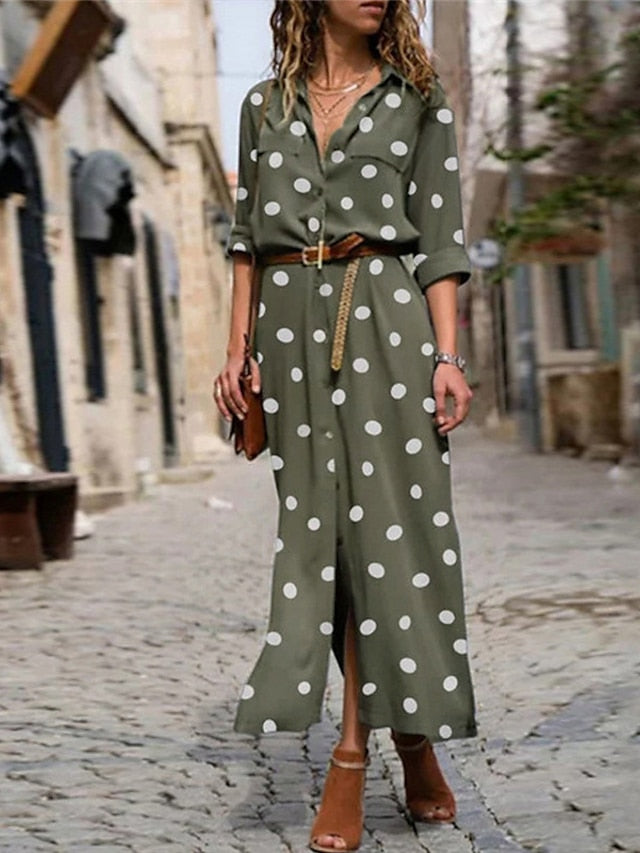 Women's Shirt Dress Maxi long Dress Winter Dress Daily Date Polyester Fashion Elegant Shirt Collar Print Long Sleeve Summer Spring Fall 2022 Regular Fit Black Army Green Red Polka Dot Round Dots S M