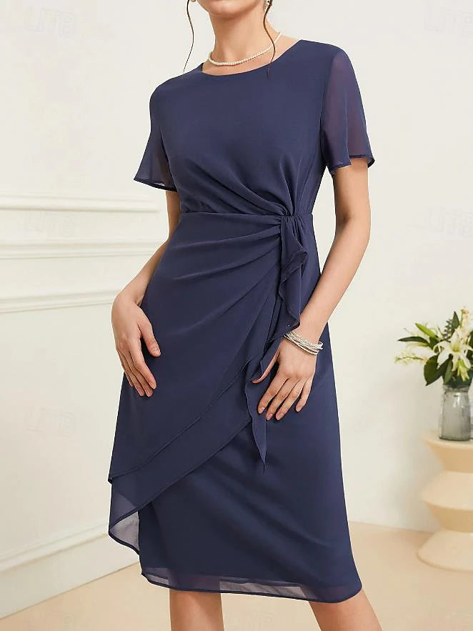 Women's Wrap Dress Layered Dress Elegant Dress Midi Dress Ruched Draped Elegant Sexy Crew Neck Sleeveless Dark Blue Color