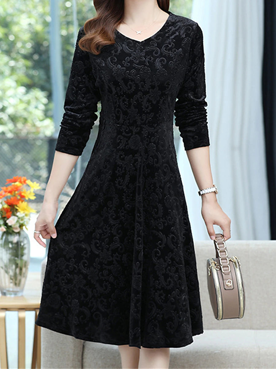 Women's Velvet Dress Casual Dress Swing Dress Midi Dress Pocket Daily Elegant Fashion V Neck Long Sleeve Black Wine Blue Color