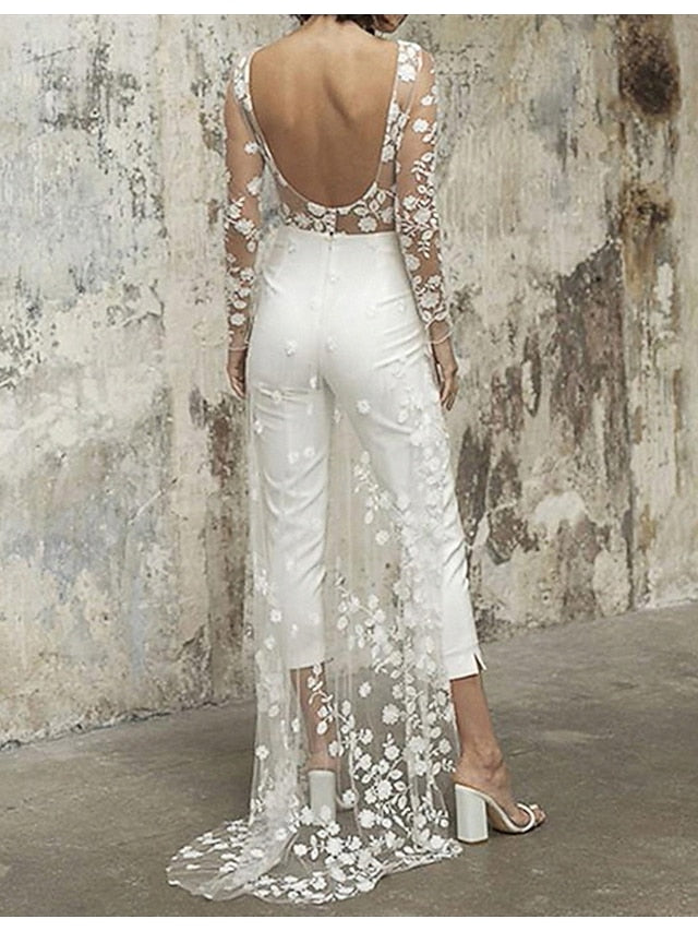 Women's Jumpsuit Backless Lace Solid Color Crew Neck Elegant Party Wedding Regular Fit Long Sleeve Lace Sleeves White S M L Spring - LuckyFash™