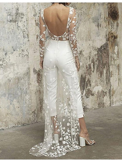 Women's Jumpsuit Backless Lace Solid Color Crew Neck Elegant Party Wedding Regular Fit Long Sleeve Lace Sleeves White S M L Spring - LuckyFash™