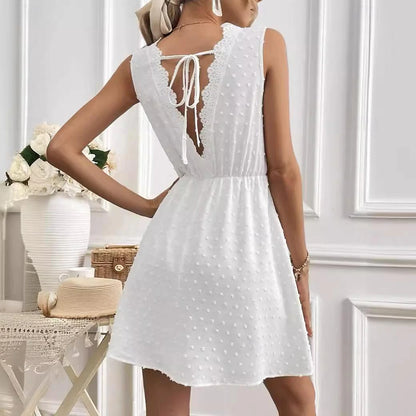 Women's White Lace Wedding Dress Mini Dress Cotton with Sleeve Date Streetwear V Neck Sleeveless White Color