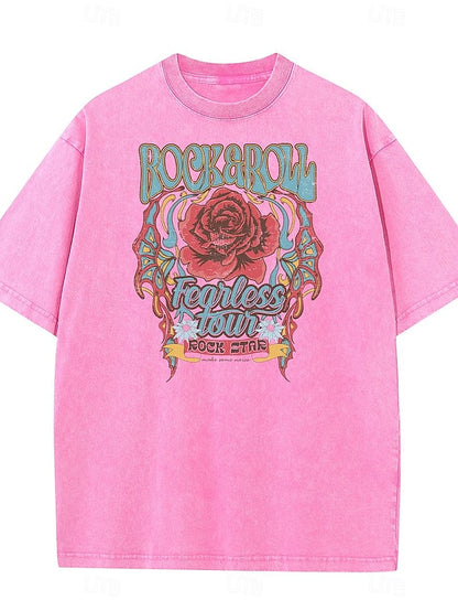 Women's T shirt Tee Acid Wash 100% Cotton Rose Wild Western Rock and Roll Coachella Fearless Daily Summer