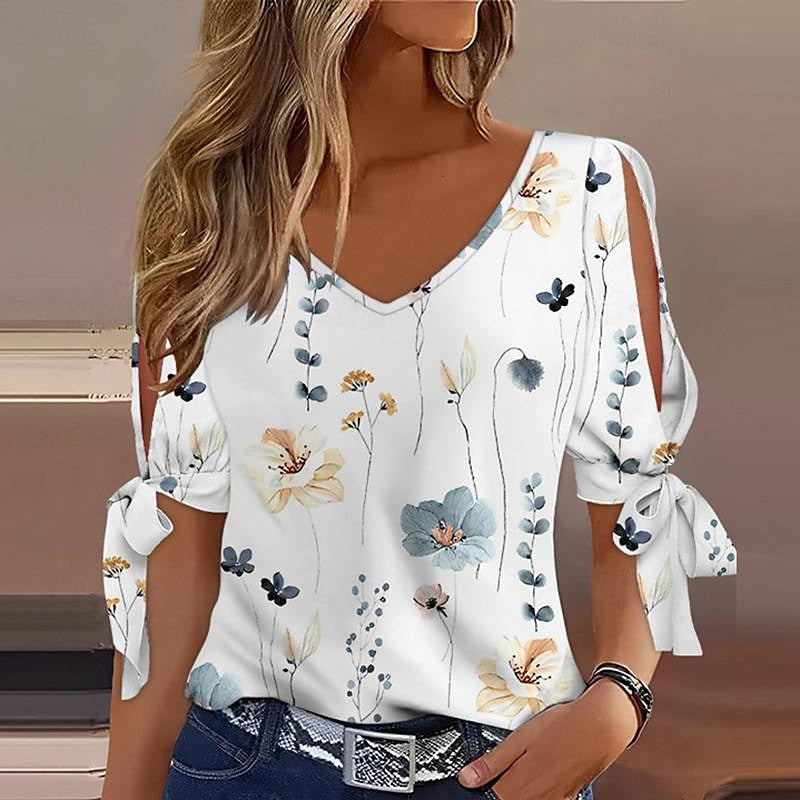 Women's Shirt Blouse Floral Daily Vacation Cut Out Print White Short Sleeve Casual V Neck Summer