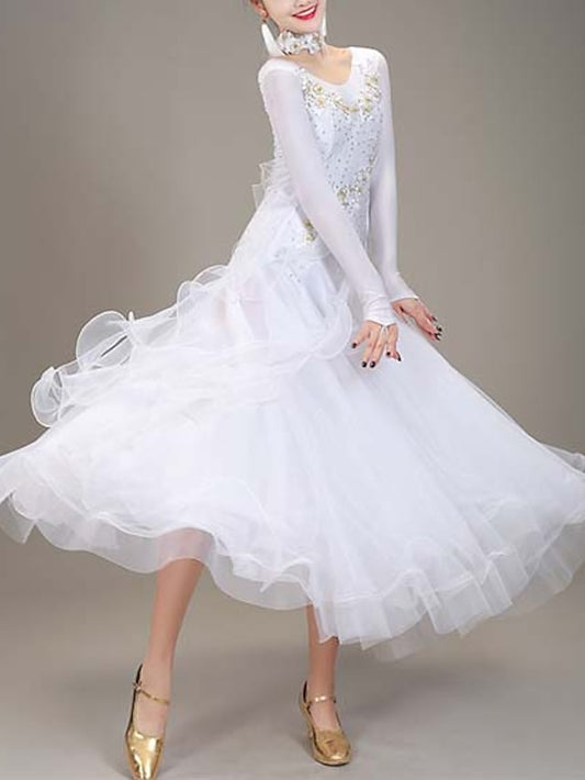 Ballroom Dance Dance Costumes Dress Crystals / Rhinestones Women's Performance Training Long Sleeve High LYOCELL - LuckyFash™