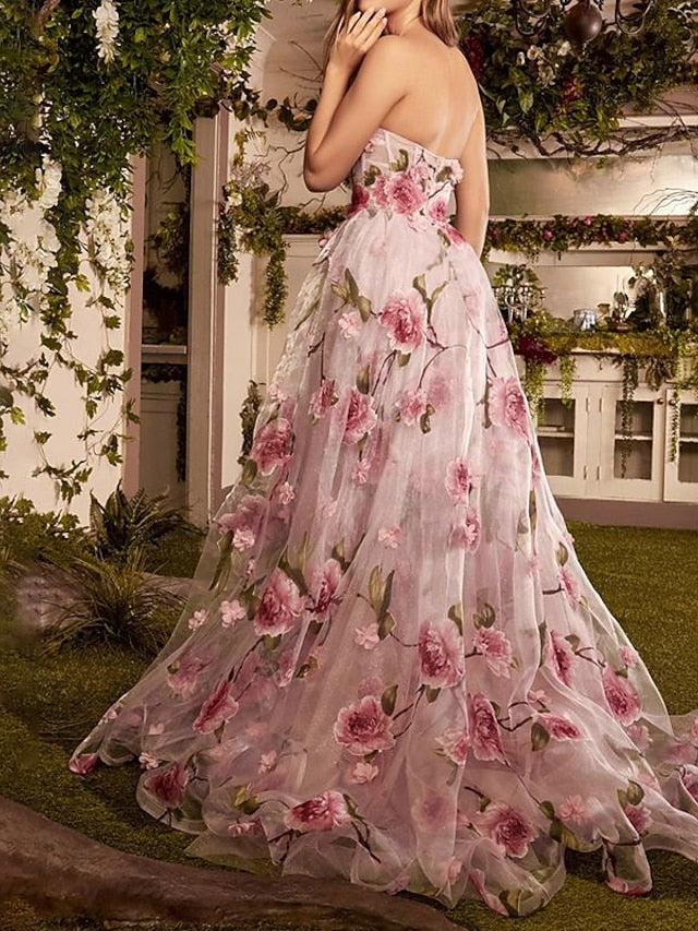 A-Line Prom Dresses Floral Dress Wedding Guest Court Train Sleeveless Strapless Organza with Slit Appliques 2023 - LuckyFash™