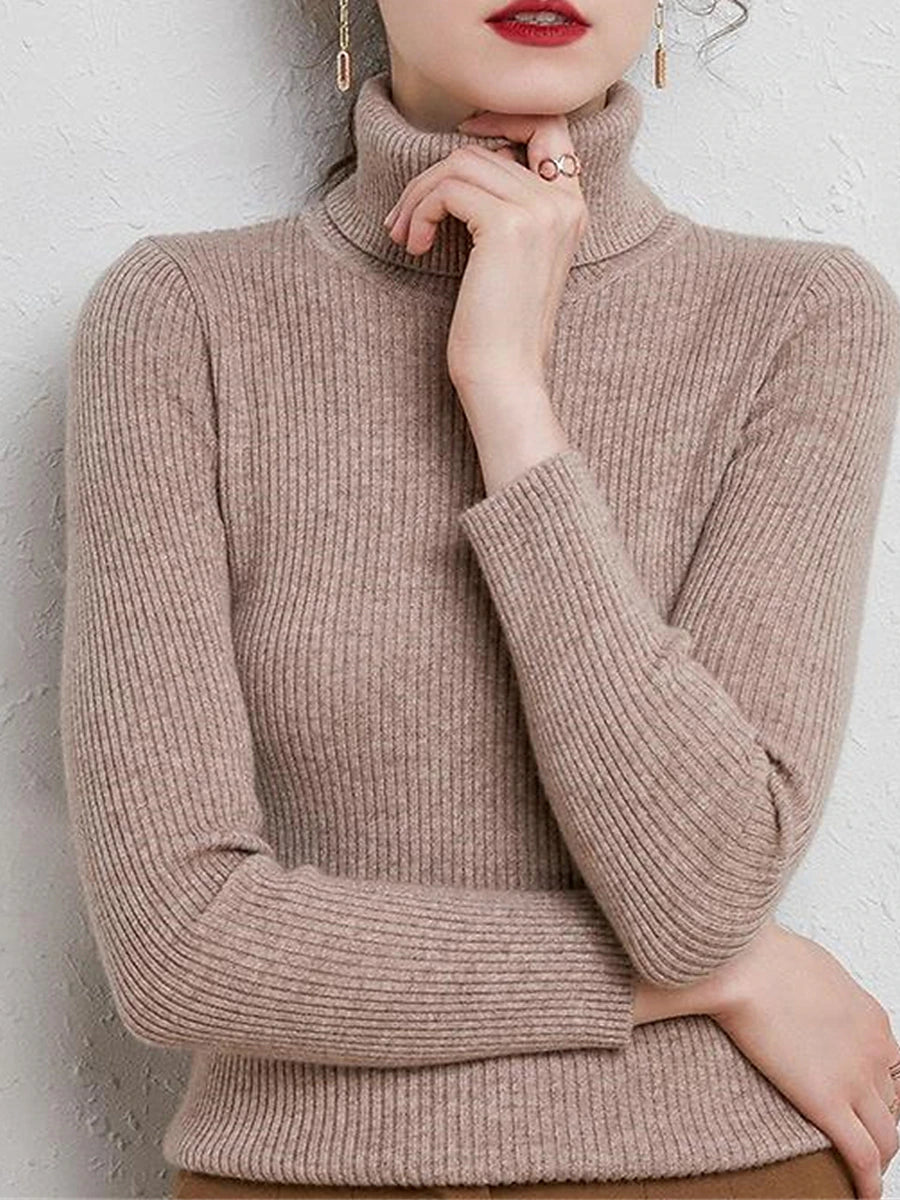 Women's Pullover Sweater Jumper Turtleneck Ribbed Knit Polyester Oversized Fall Winter Daily Holiday Going out Stylish Casual Soft Long Sleeve Solid Color Rust Red Pink purple Red bean paste S M L