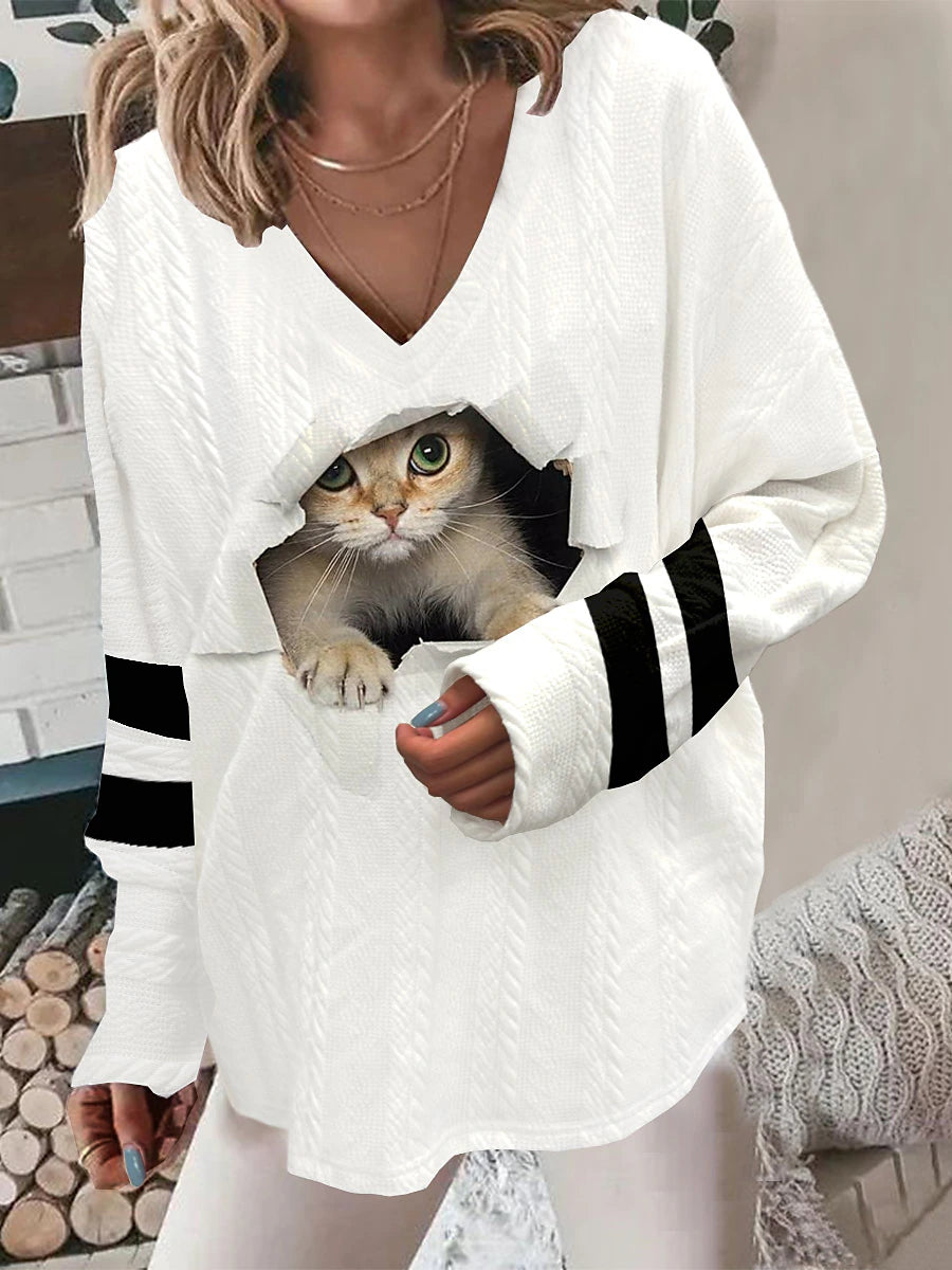 Women's Pullover Sweater Jumper V Neck Ribbed Knit Polyester Print Summer Fall Outdoor Daily Going out Stylish Casual Soft Long Sleeve Heart Animal Color Block White / Black Black White S M L