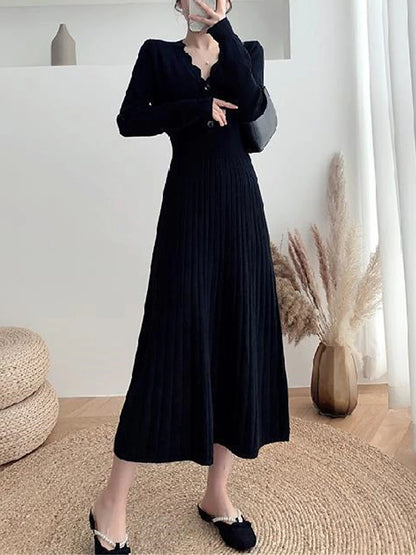 Women's Sweater Dress Knit Dress Jumper Dress Long Dress Maxi Dress Knitwear Fashion Daily Plain Outdoor Casual Holiday Vacation V Neck Long Sleeve Ruched Button 2023 Loose Fit Black White khaki One