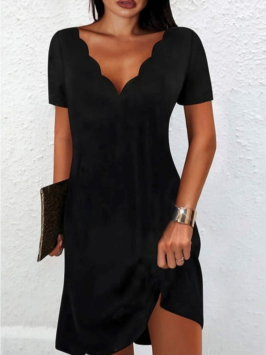 Women's Casual Dress Sheath Dress Mini Dress Black Short Sleeve Pure Color Ruffle Summer Spring Fall Scalloped Neck Stylish Vacation Summer Dress 2023 S M L XL XXL 3XL - LuckyFash™