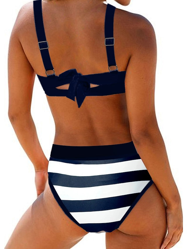 Women's Swimwear Bikini Plus Size Swimsuit Halter 2 Piece Printing Striped Blue Bandeau Bathing Suits Sports Summer - LuckyFash™