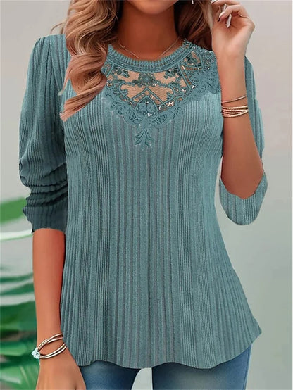 Women's Shirt Lace Shirt Blouse Textured Plain Casual Lace Green Long Sleeve Fashion Round Neck Spring &  Fall