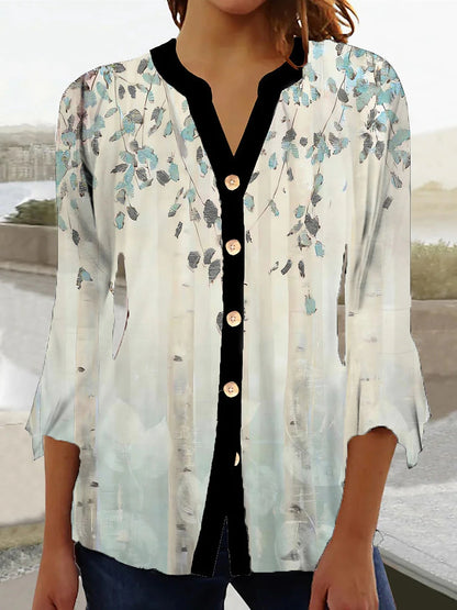 Women's Shirt Blouse Floral Casual Holiday Button Print Yellow 3/4 Length Sleeve Daily Tunic Basic V Neck Fall & Winter