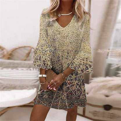 Women's Shift Dress Floral Striped Ruffle Print V Neck Mini Dress Daily 3/4 Length Sleeve Summer Spring