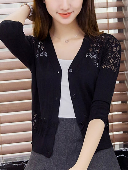 Women's Shrug Knitted Button Pure Color Stylish Elegant Casual 3/4 Length Sleeve Sweater Cardigans V Neck Spring Summer Blue White Black - LuckyFash™