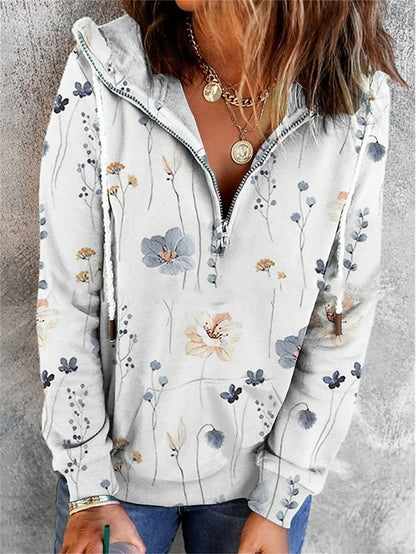 Women's Zip Up Hoodie Sweatshirt Hoodie Sweatshirt Pullover Floral Street Casual Quarter Zip White Red Blue Vintage Basic Hoodie Long Sleeve Top Micro-elastic Fall & Winter