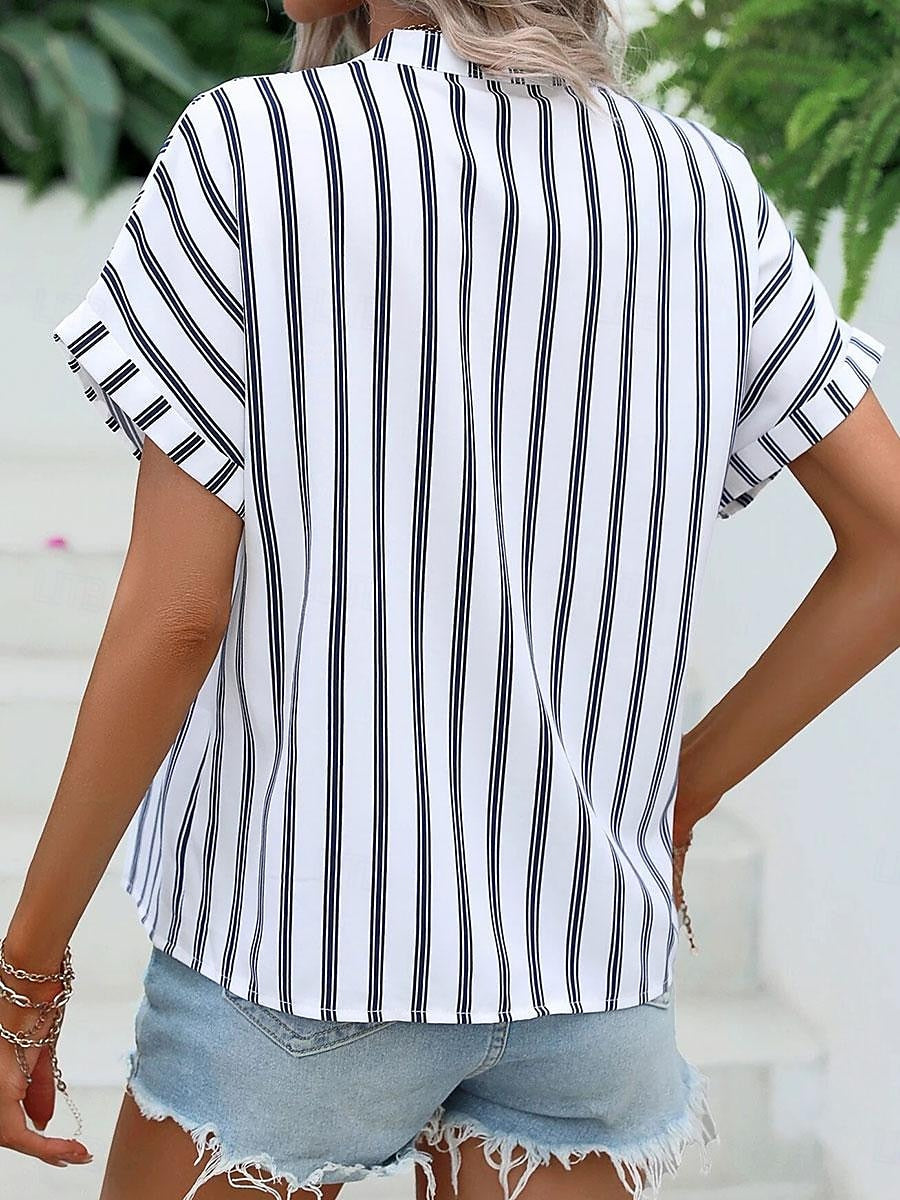 Women's T shirt Tee Striped Daily Going out Print Navy Blue Short Sleeve Stylish V Neck Summer