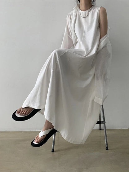 Women's White Dress Casual Dress Cotton Linen Dress Maxi long Dress Pocket Basic Daily Crew Neck Sleeveless Summer Spring Black White Plain