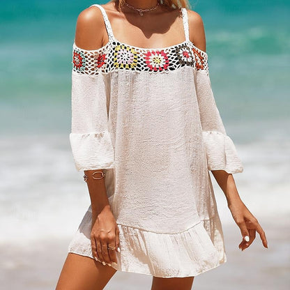 Women's Summer Dress Cover Up Ruffle Cut Out Beach Wear Holiday Long Sleeve Black White Yellow Color