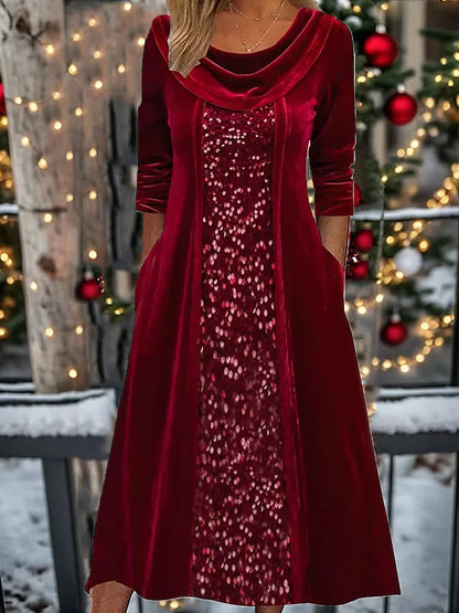 Women's Sequin Dress Velvet Dress Party Dress Sparkly Dress Christmas Midi Dress Wine Long Sleeve Sparkly Glitter Spring Fall Winter Crew Neck Dress