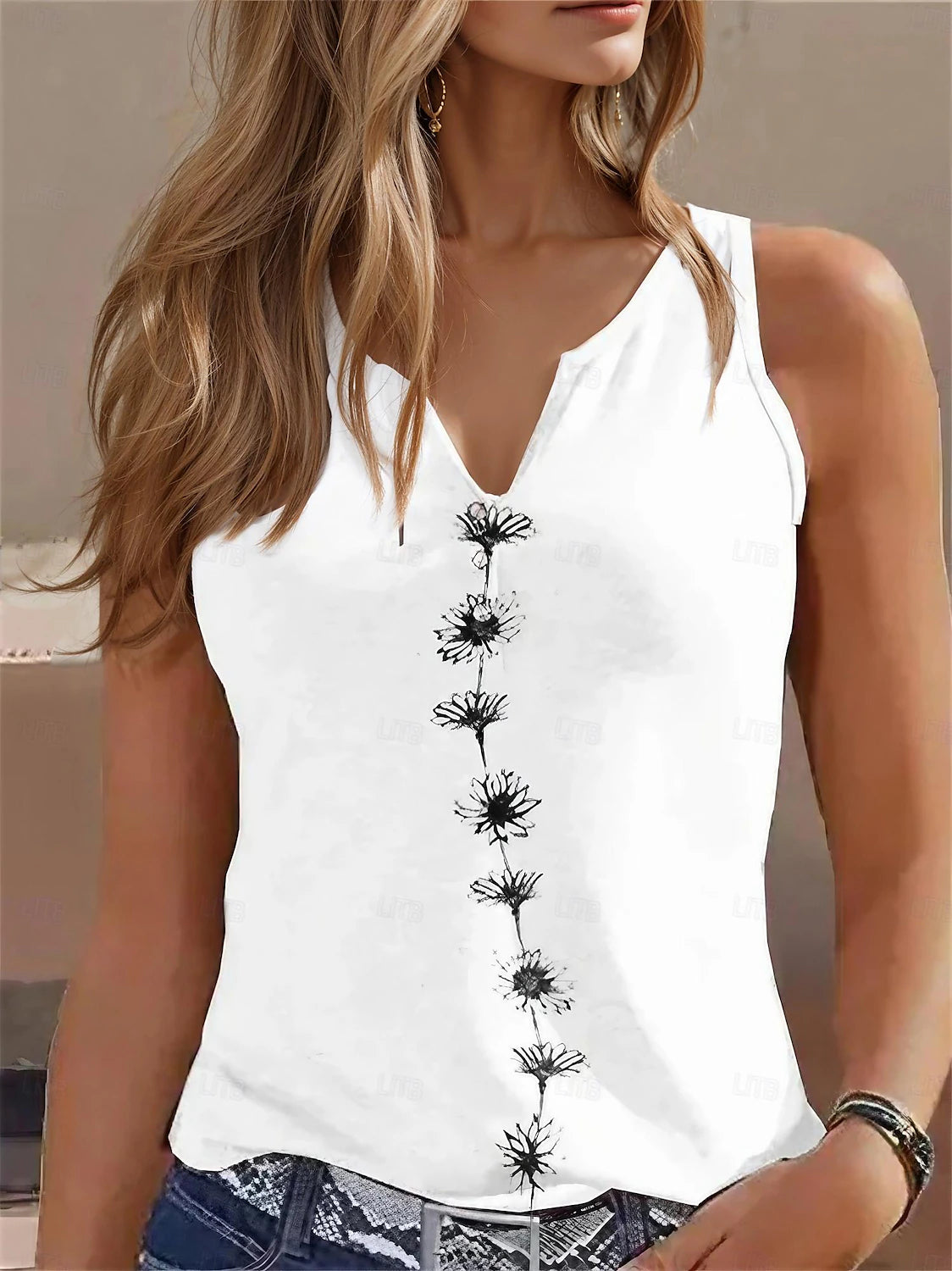 Women's Tank Top Floral Casual Holiday Print White Sleeveless Basic V Neck