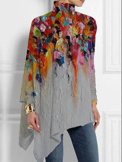 Women's T shirt Tee Floral Holiday Weekend Print Asymmetrical Blue Long Sleeve Fashion Turtleneck High Neck Spring &  Fall