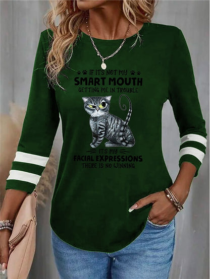 Women's T shirt Tee Cat Letter Daily Weekend Print Black Long Sleeve Fashion Funny Round Neck Spring &  Fall