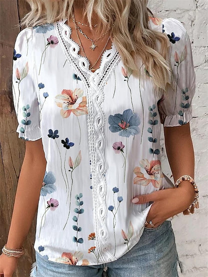 Women's Shirt Lace Shirt Blouse Floral Daily Lace Patchwork Print Navy Blue Short Sleeve Stylish Modern V Neck Summer Spring