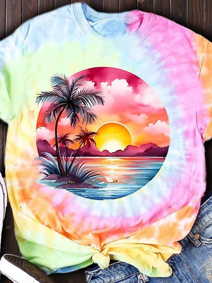 Women's T Shirt Tee Tie Dye Pink Short Sleeve Crew Neck Tropical Hawaiian Vacation Summer