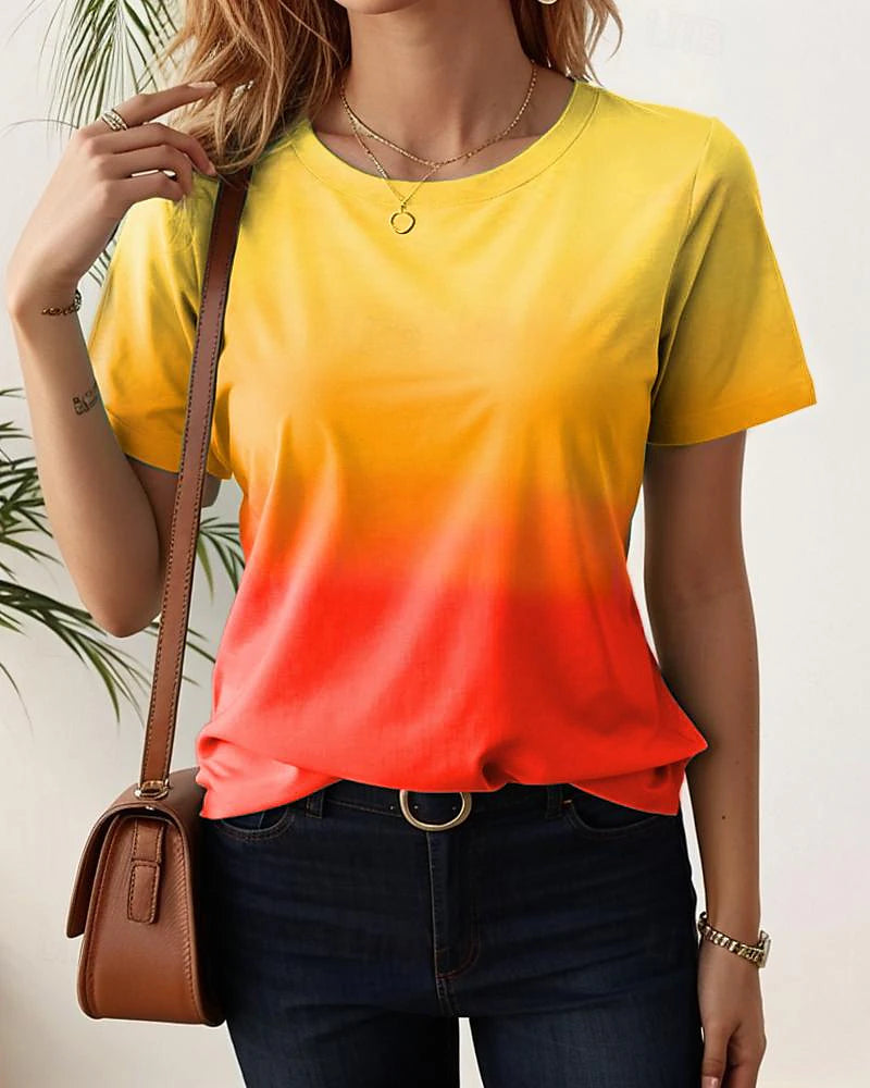 Women's T Shirt Tee Gradient Color Shirt Casual Holiday Crew Neck Short Sleeve Ombre Stylish Summer Top